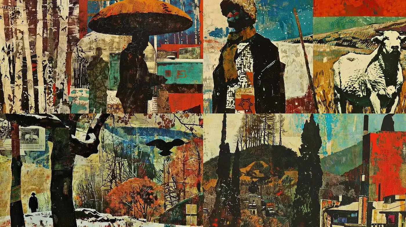 Eclectic Collage with Rural Elements and Textural Depth - Midjourney sref style