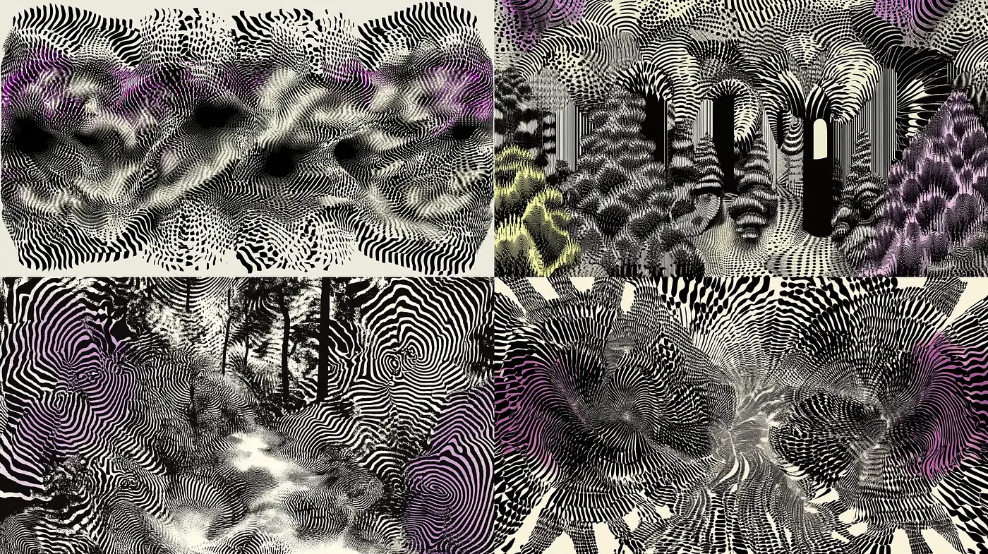Abstract Hypnotic Swirls with Monochromatic and Purple Accents - Midjourney sref style