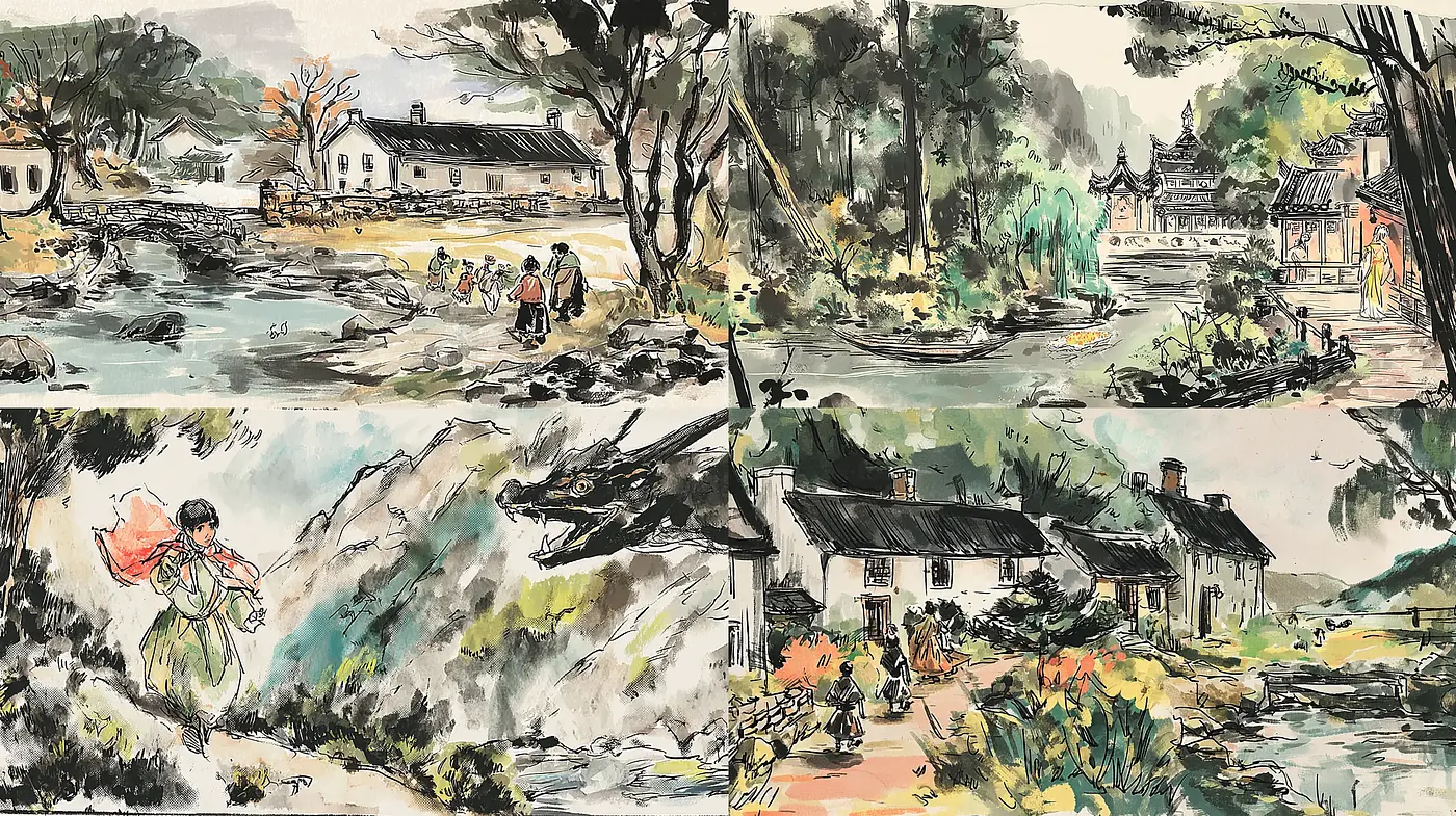Lush Landscapes with Traditional Elements portrayed in Brushstroke Techniques - Midjourney sref style