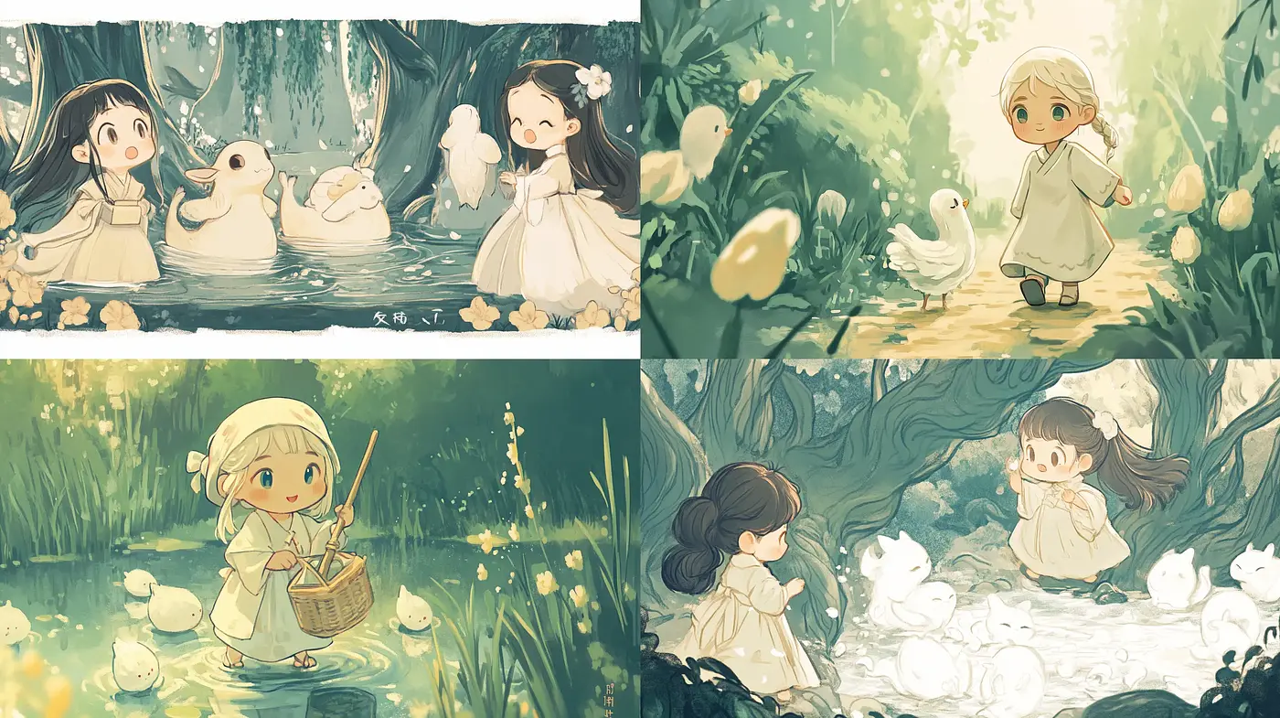 Enchanting Watercolor Duckling Companionship in a Pastoral Dreamscape - Midjourney sref style