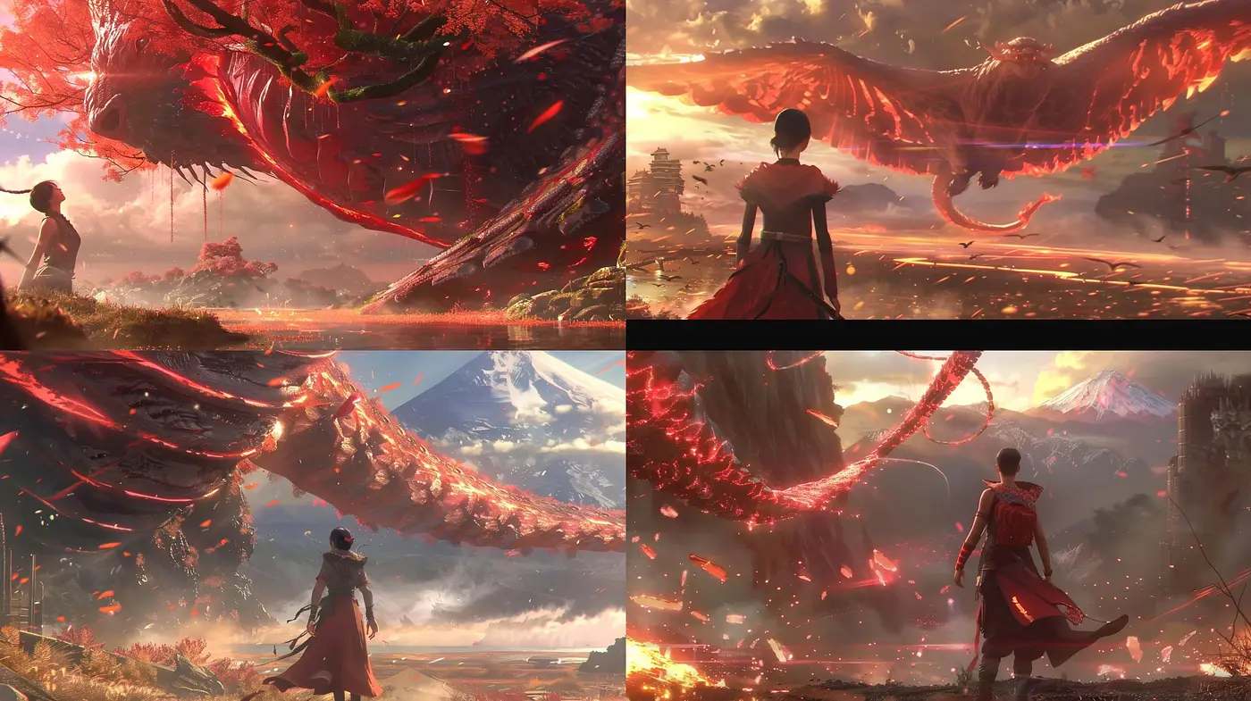 Epic Crimson Dragon Encounters in Luminous Dusky Landscapes - Midjourney sref style