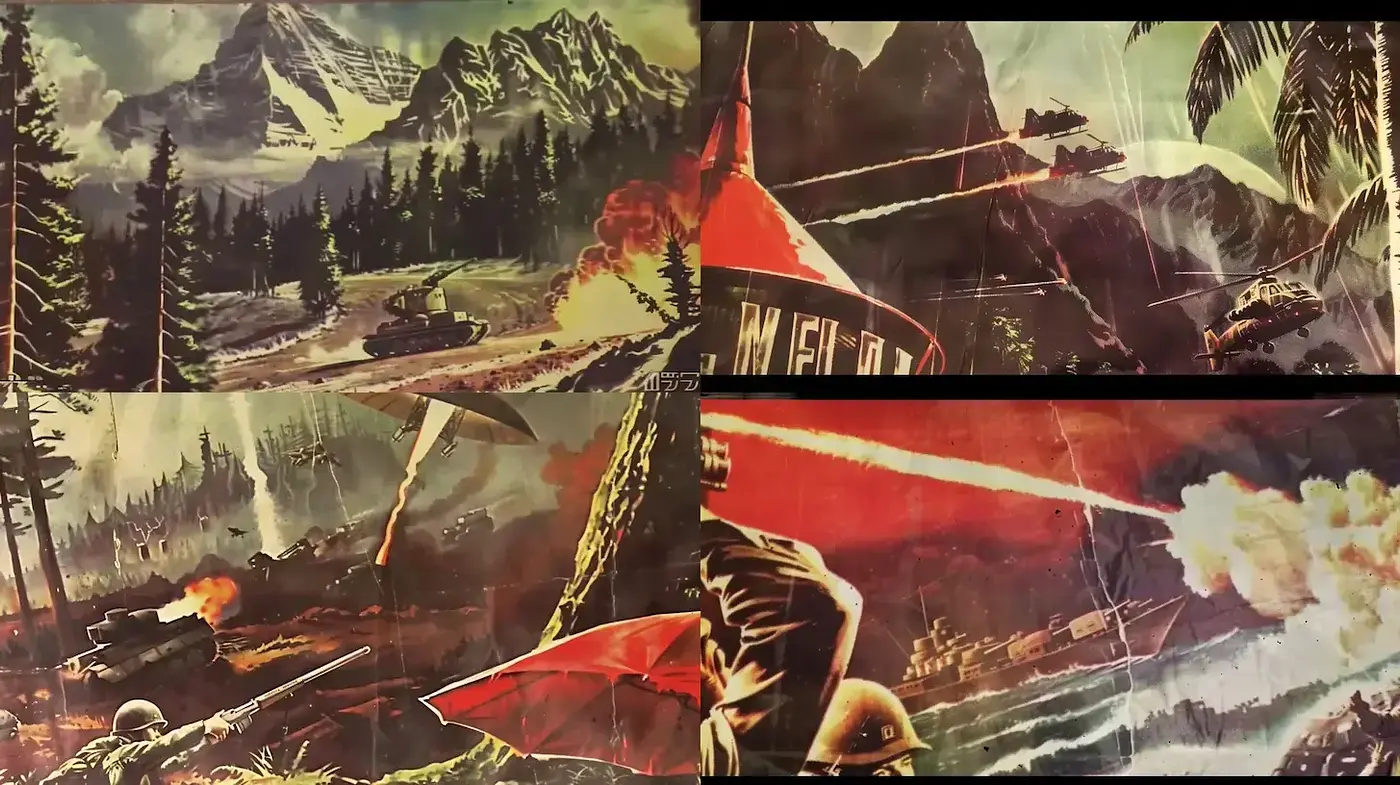 Dynamic Scenes with Retro Military Aesthetics and Dramatic Landscapes - Midjourney sref style