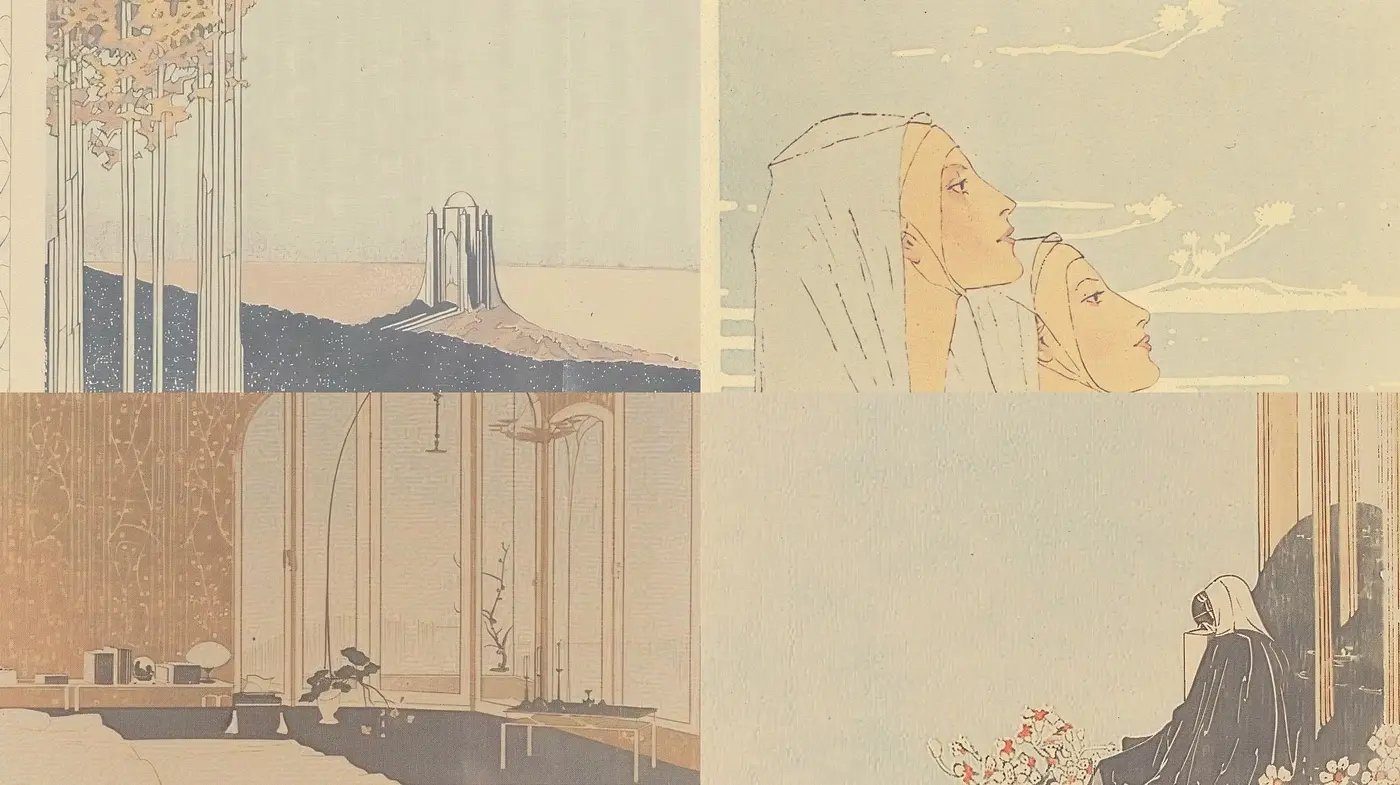 Serene Vintage Hues with Eastern Artistic Harmony - Midjourney sref style