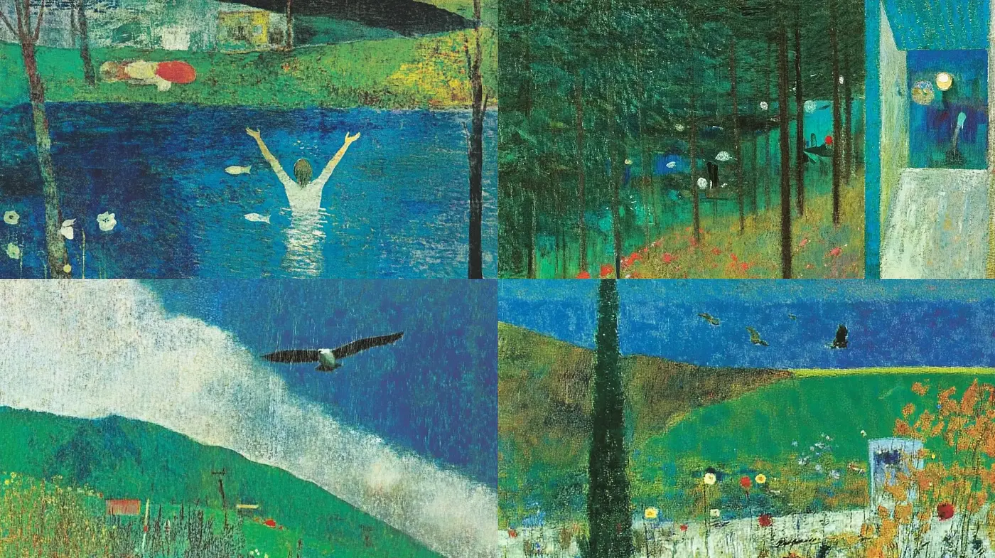 Serene Pastoral Dreamscapes with Impressionist Inflections - Midjourney sref style