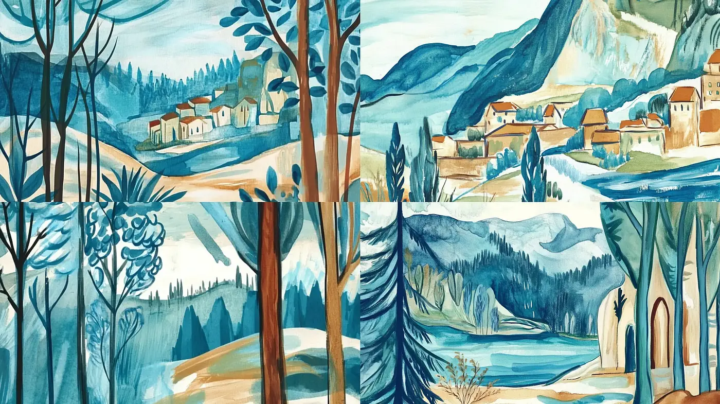 Serene Pastoral Reflections in Stylized Watercolors - Midjourney sref style