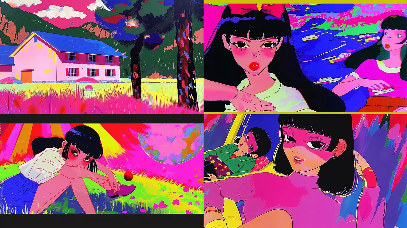 Retro-Future Pop Art Exploration: A Vivid and Whimsical Journey through Color and Emotion - Midjourney sref style