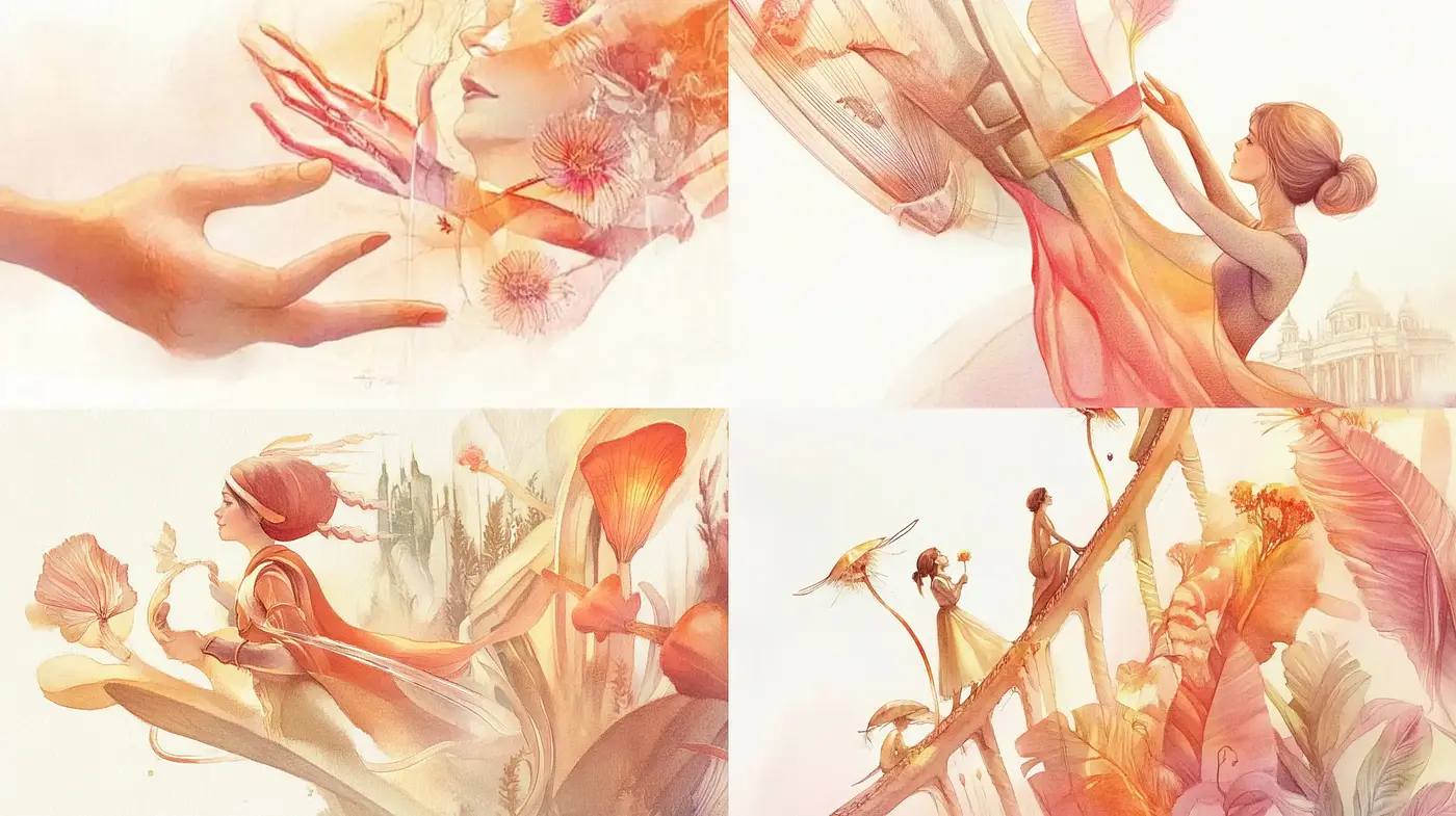 Ethereal Warmth: A Dreamlike Fusion of Soft Pastels and Fluid Forms - Midjourney sref style