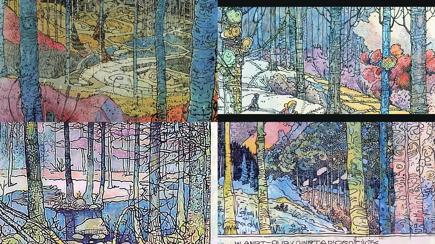 Whimsical Forest Mosaic: A Tapestry of Textured Nature - Midjourney sref style