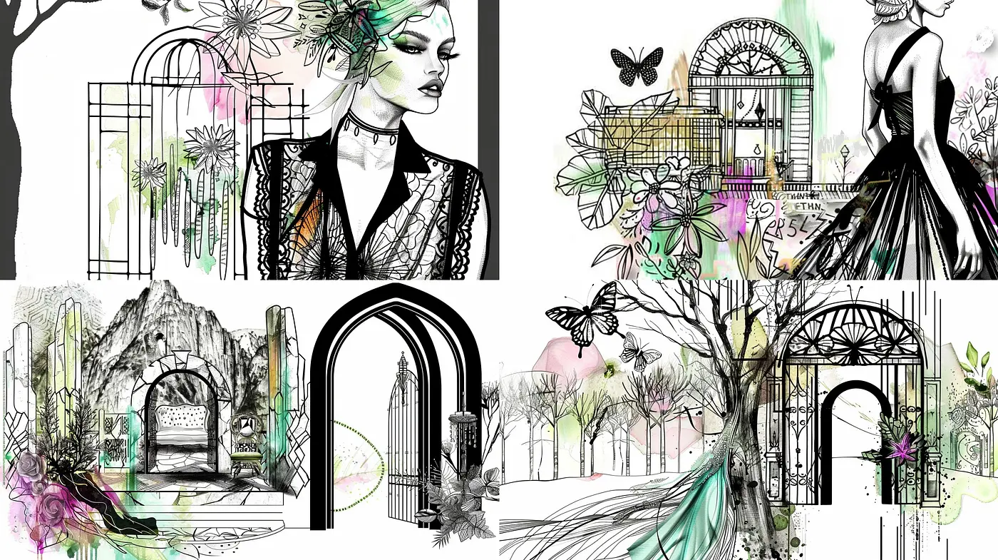 Sketchbook Elegance with Botanical Overlays: A Harmonious Blend of Natural and Feminine Sensibilities - Midjourney sref style