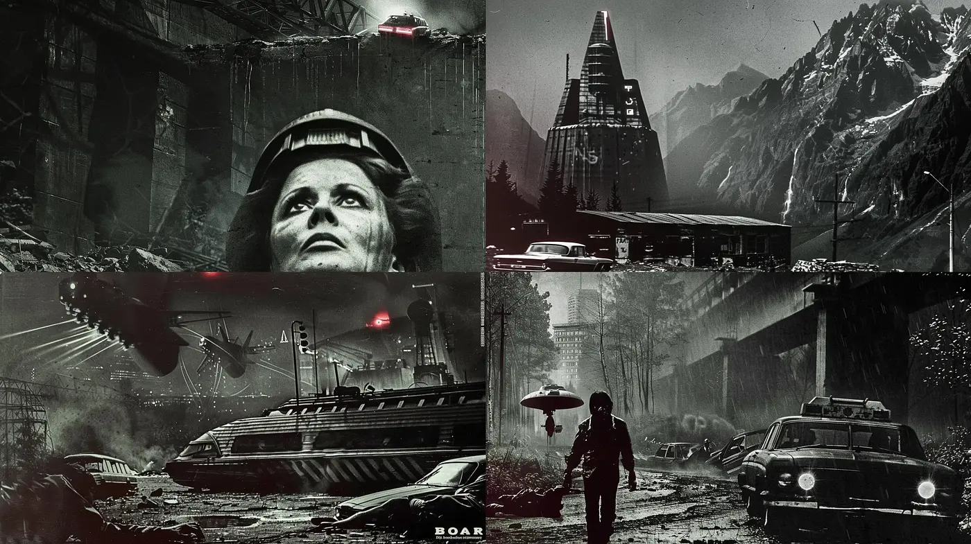 Dystopian Noir: A Monochromatic Vision of Retrofuturism - Midjourney sref style