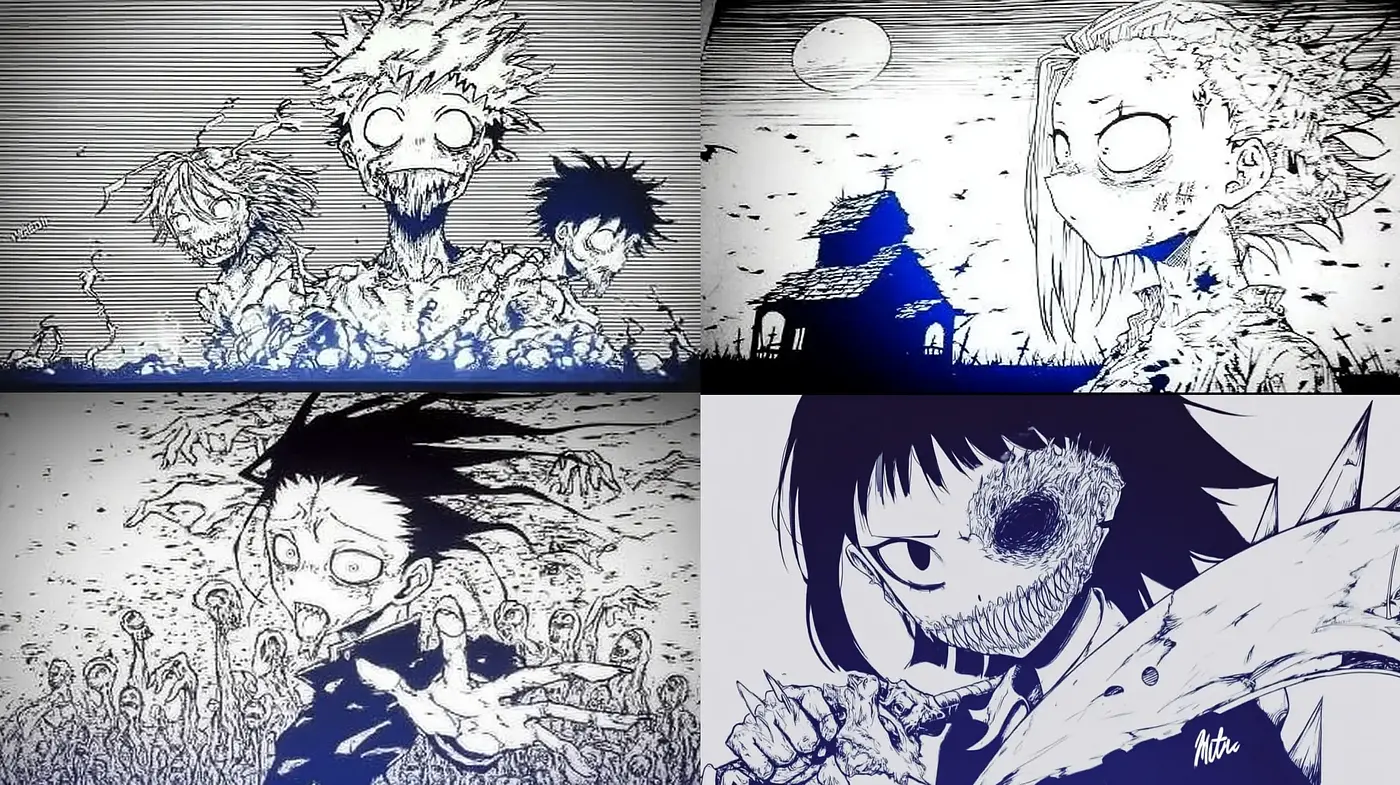 Dark, stylized zombie horror illustrations with a stark contrast and unique character designs - Midjourney sref style