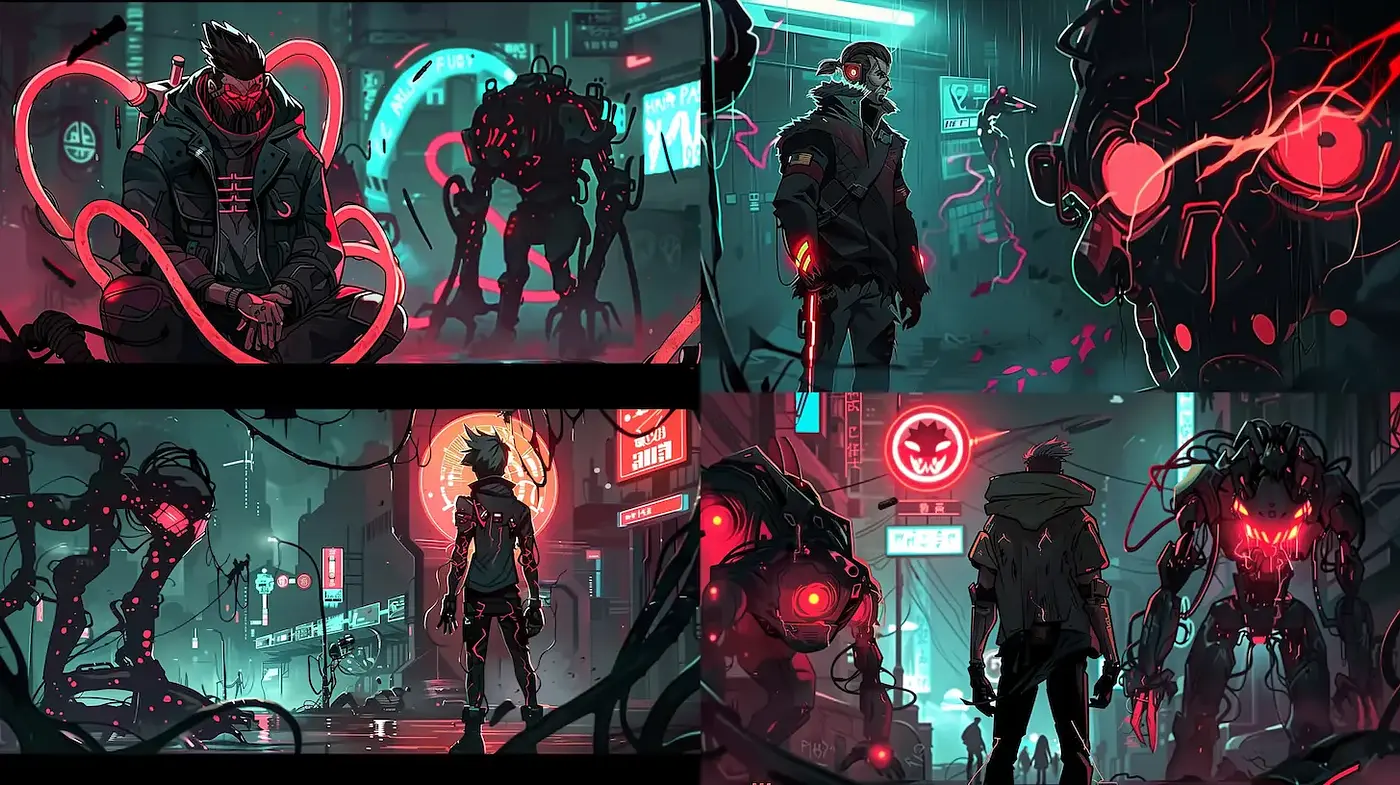 Futuristic cyberpunk aesthetics with neon motifs and dark undertones - Midjourney sref style