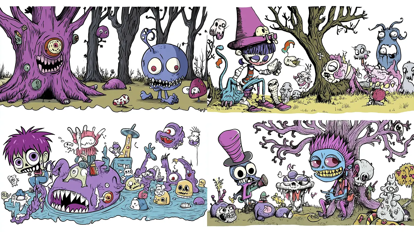 Whimsical Macabre: A Fusion of Eerie and Playful Illustrations - Midjourney sref style