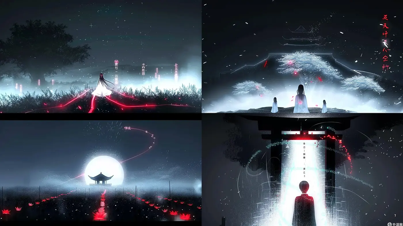 Ethereal Nightscape: A Fusion of Traditional Asian Art and Futuristic Digital Aesthetics - Midjourney sref style