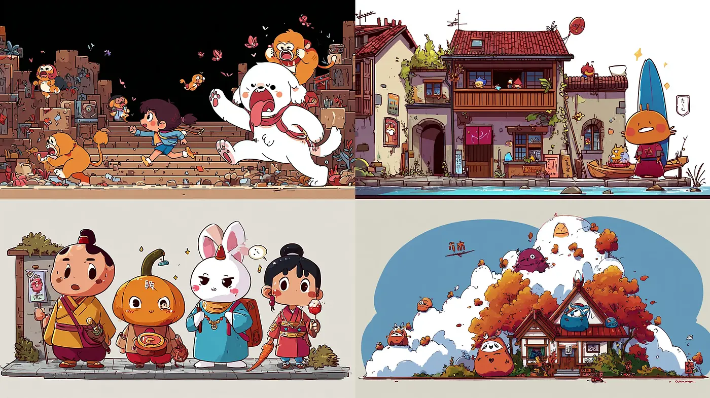 Whimsical and Colorful Cartoon Landscapes with Playful Characters - Midjourney sref style