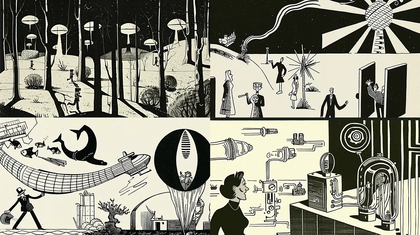 Retro-Futuristic Dreamscapes in Monochromatic Contrast - Midjourney sref style