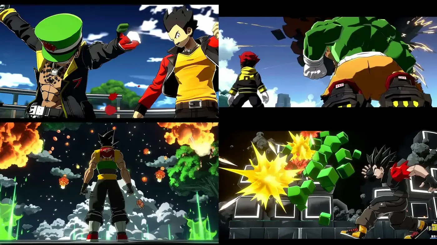 Dynamic Action-Packed Anime Style with Vibrant Contrasts and Playful Elements - Midjourney sref style