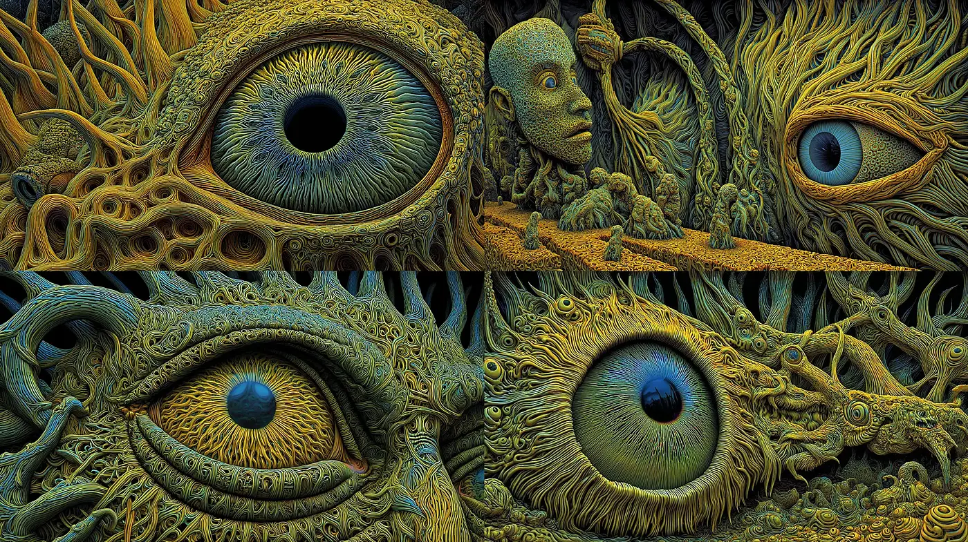 Surreal and Intricate Hybrid Forms with Monochromatic Undertones - Midjourney sref style