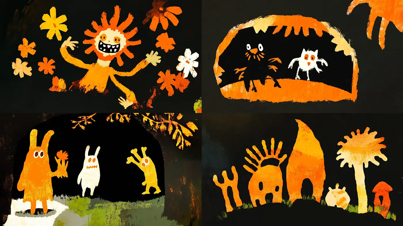 Whimsical Shadows and Radiant Hues: A Dance of Contrast and Playfulness - Midjourney sref style