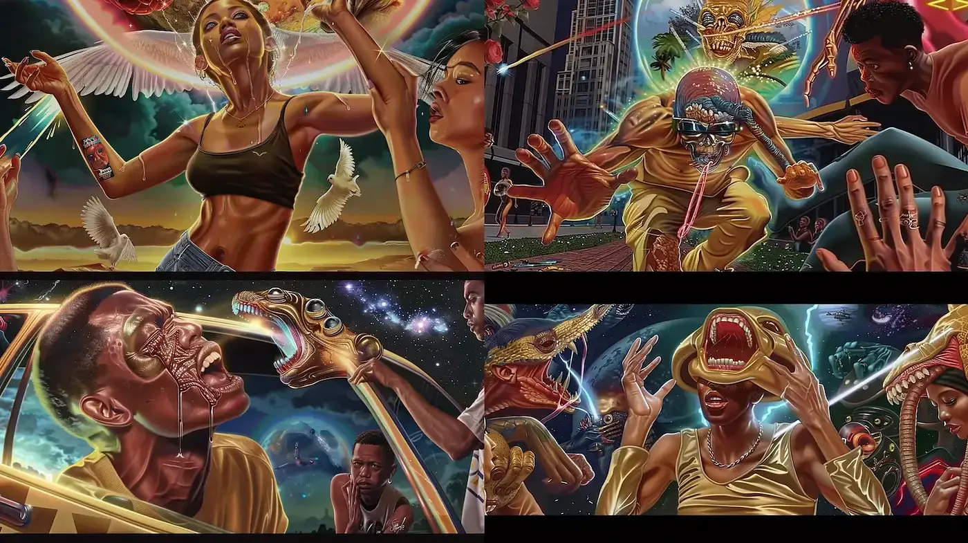 Vibrant and Dynamic Urban Fantasy with Surrealistic Influences - Midjourney sref style