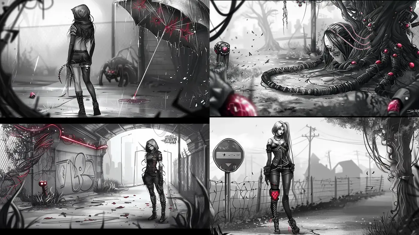 Dark and Gritty Urban Aesthetic with Surreal Elements - Midjourney sref style
