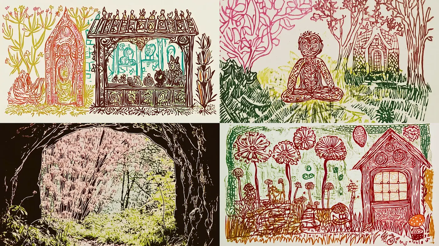Whimsical Nature-Inspired Cross-Hatch Vignettes - Midjourney sref style