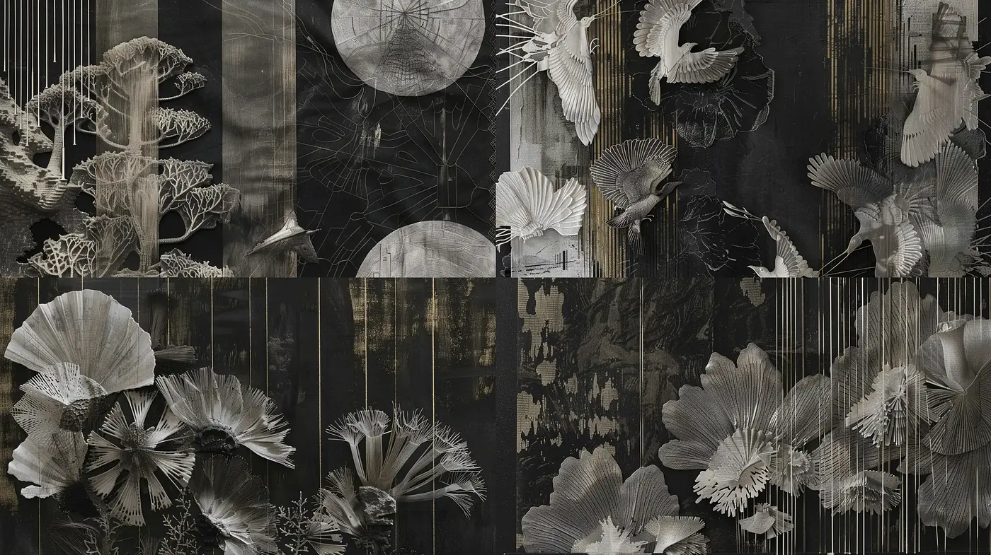 Monochromatic Botanical Abstraction in Digital Tapestry - Midjourney sref style