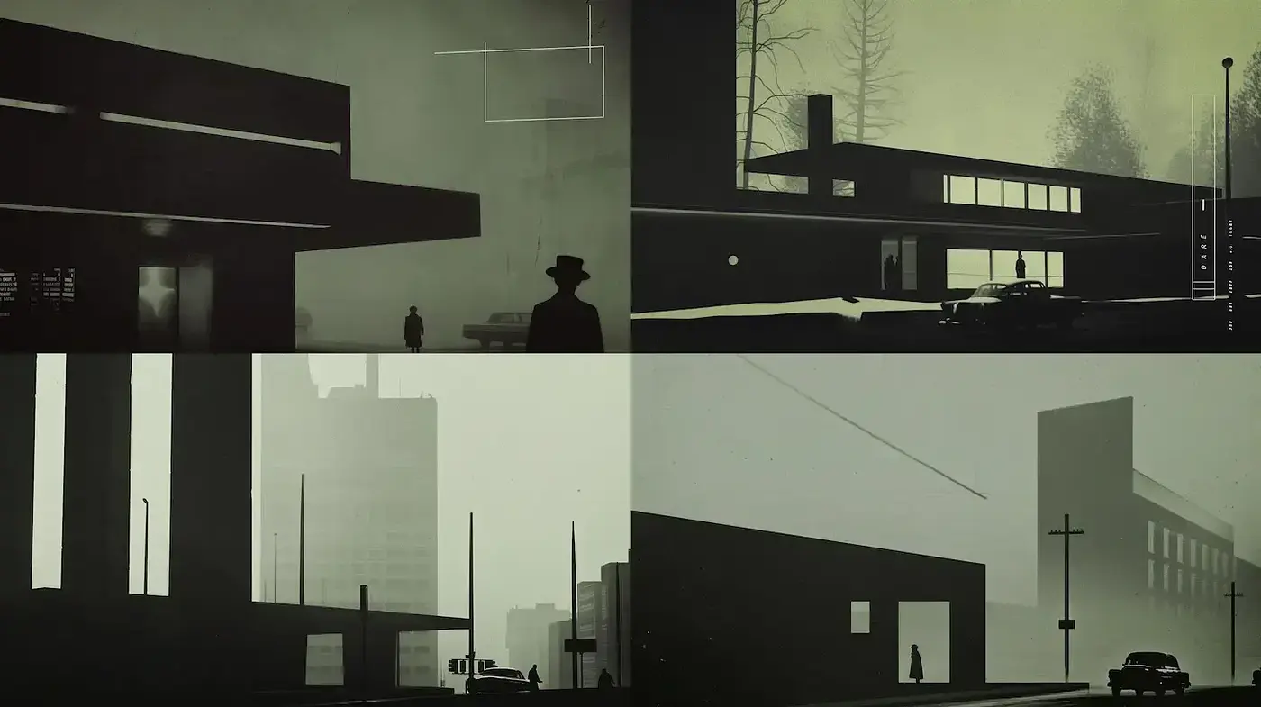 Monochrome Silhouettes of Modernist Urban Solitude - Midjourney sref style