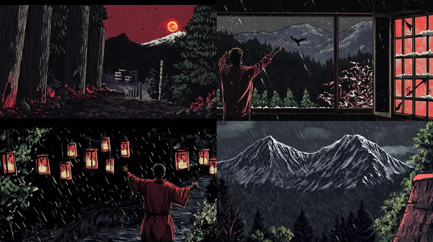 Lantern-Lit Nocturnal Landscapes: A Fusion of Graphic Novel and Traditional Japanese Art - Midjourney sref style