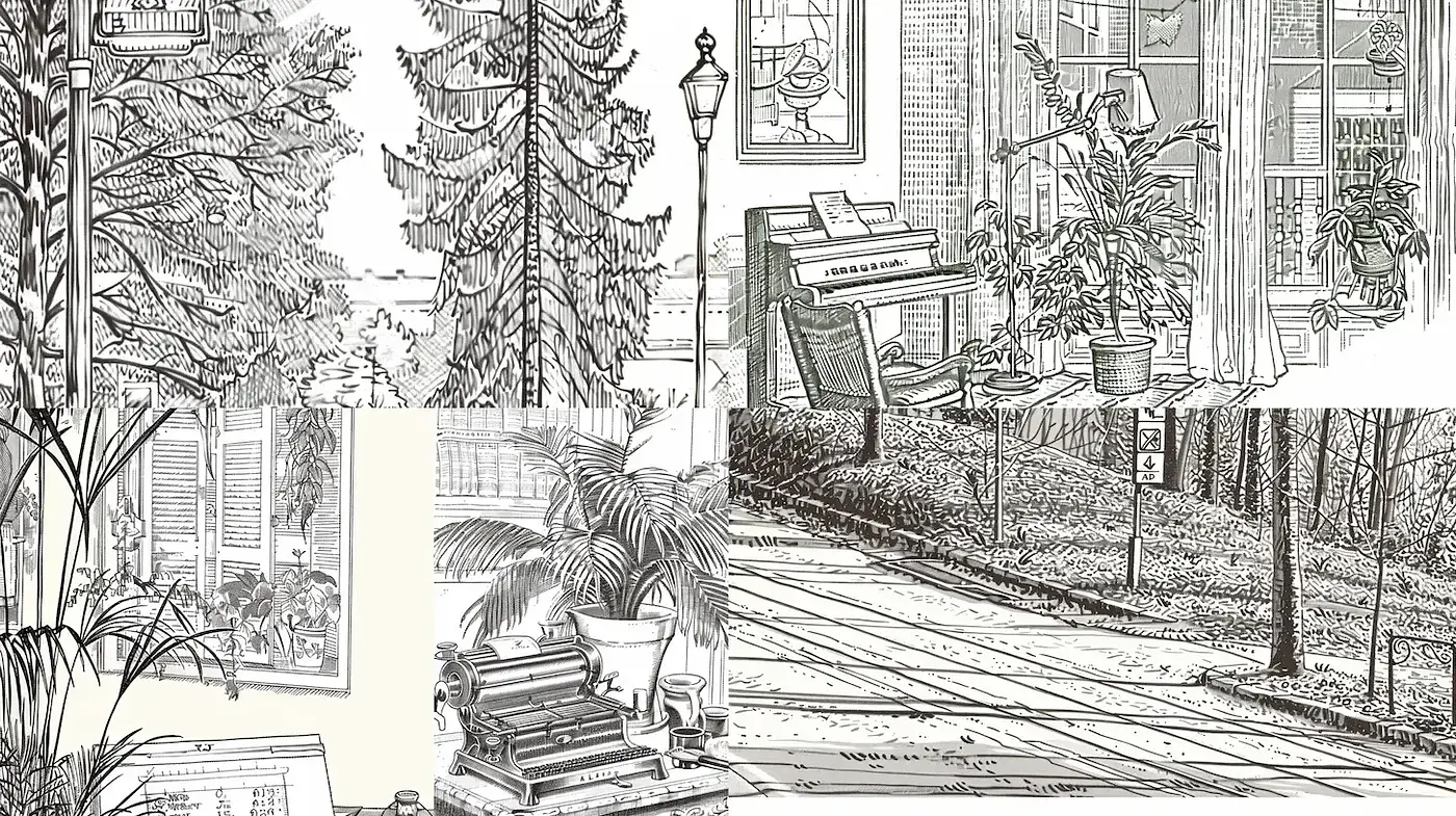 Detailed monochromatic illustrations with a vintage and serene ambiance - Midjourney sref style