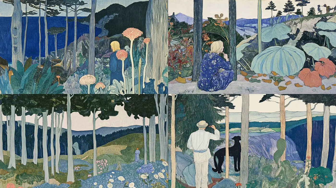Serene and Harmonious Nature Vistas in Stylized Flat Color - Midjourney sref style