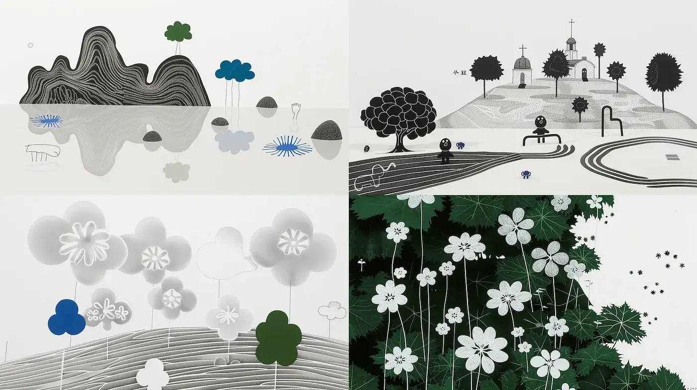Playful and Minimalistic Nature Scenes with Organic Shapes - Midjourney sref style