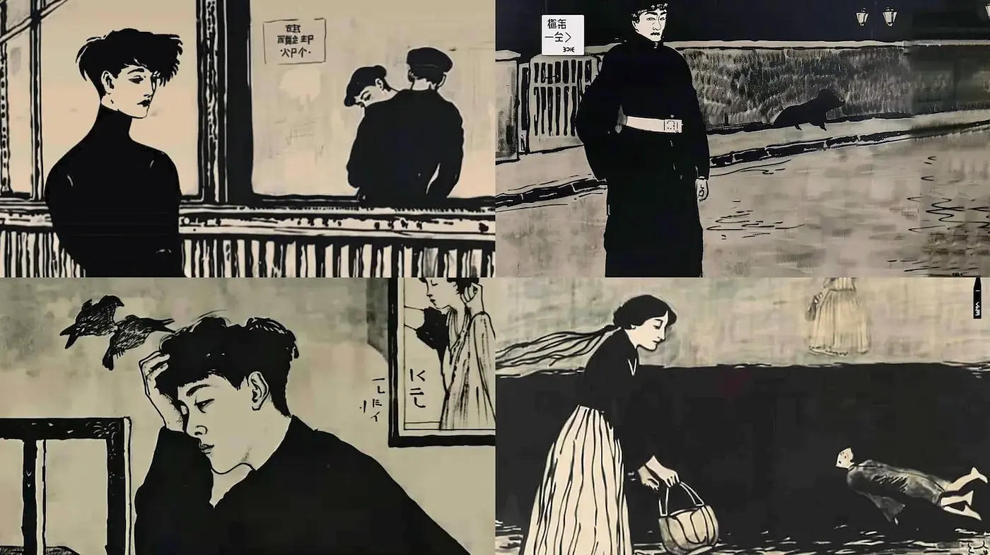 Moody Monochrome Illustrations with a Touch of Classic Influence - Midjourney sref style
