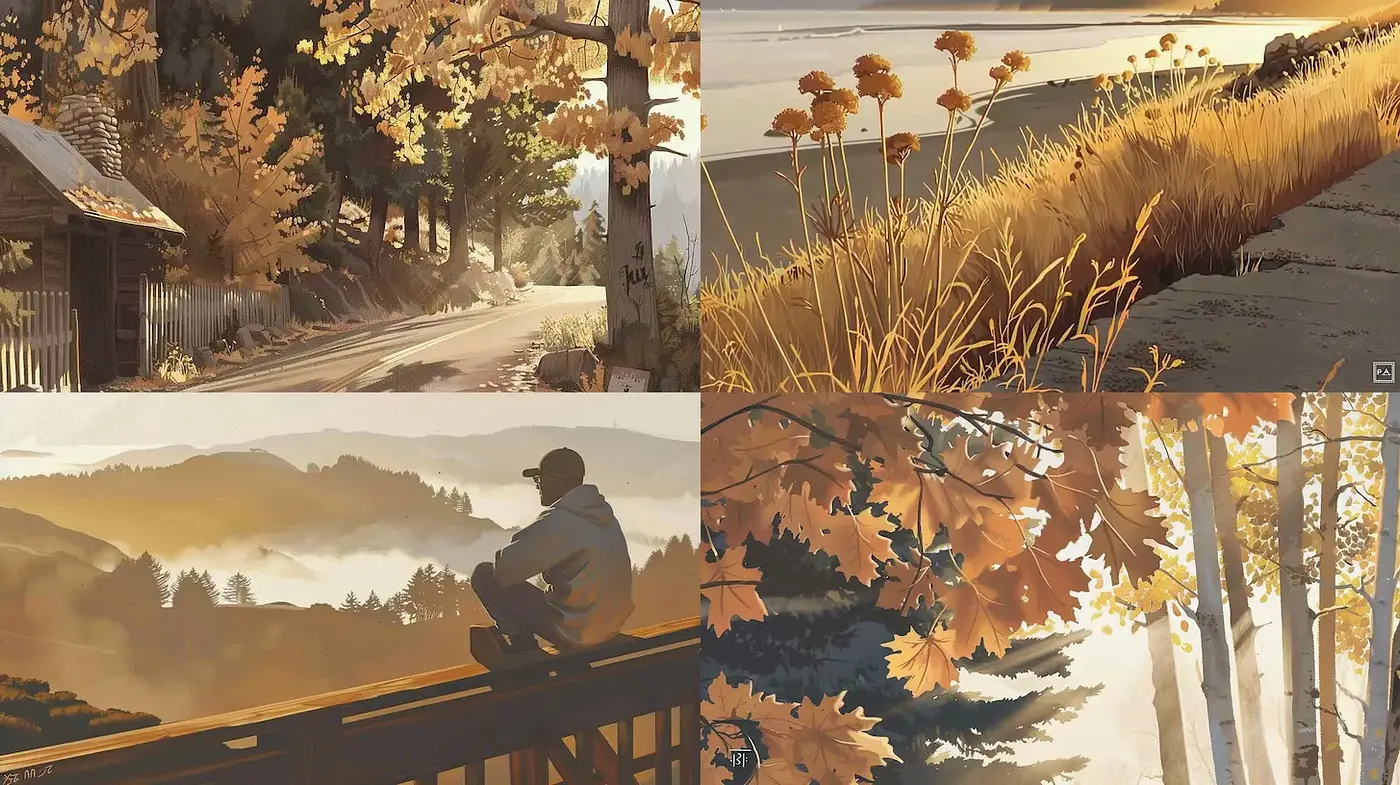 Autumnal Serenity in Stylized Landscapes - Midjourney sref style