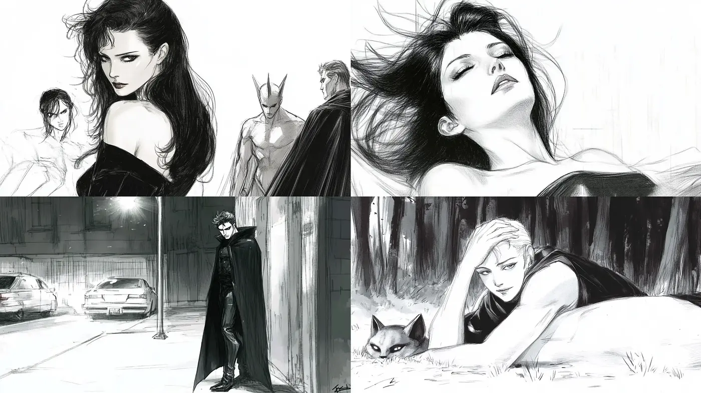 Monochromatic Elegance with Dramatic Noir Influences - Midjourney sref style