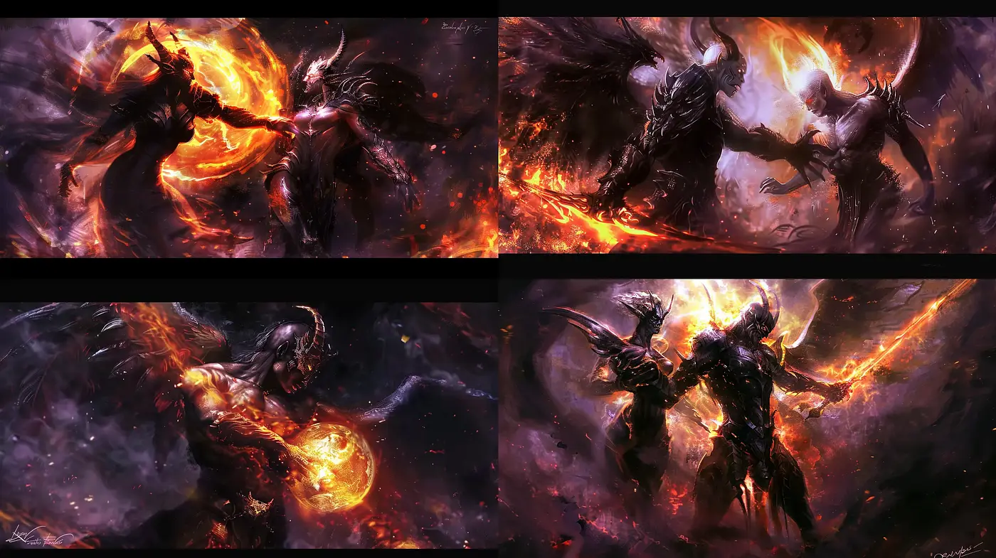 Fiery Elegy of Mythic Battles: A Homage to Digital Fantasy Art - Midjourney sref style