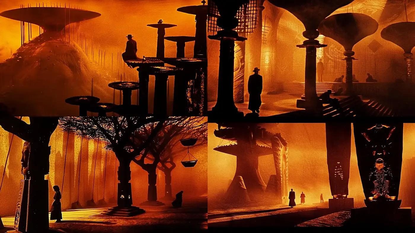 Surreal and Atmospheric Landscape with Strong Architectural Elements - Midjourney sref style