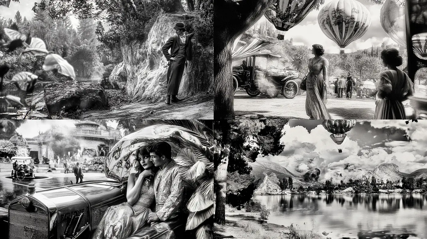 Monochromatic Elegance: A Fusion of Vintage Romance and Surreal Imagery - Midjourney sref style