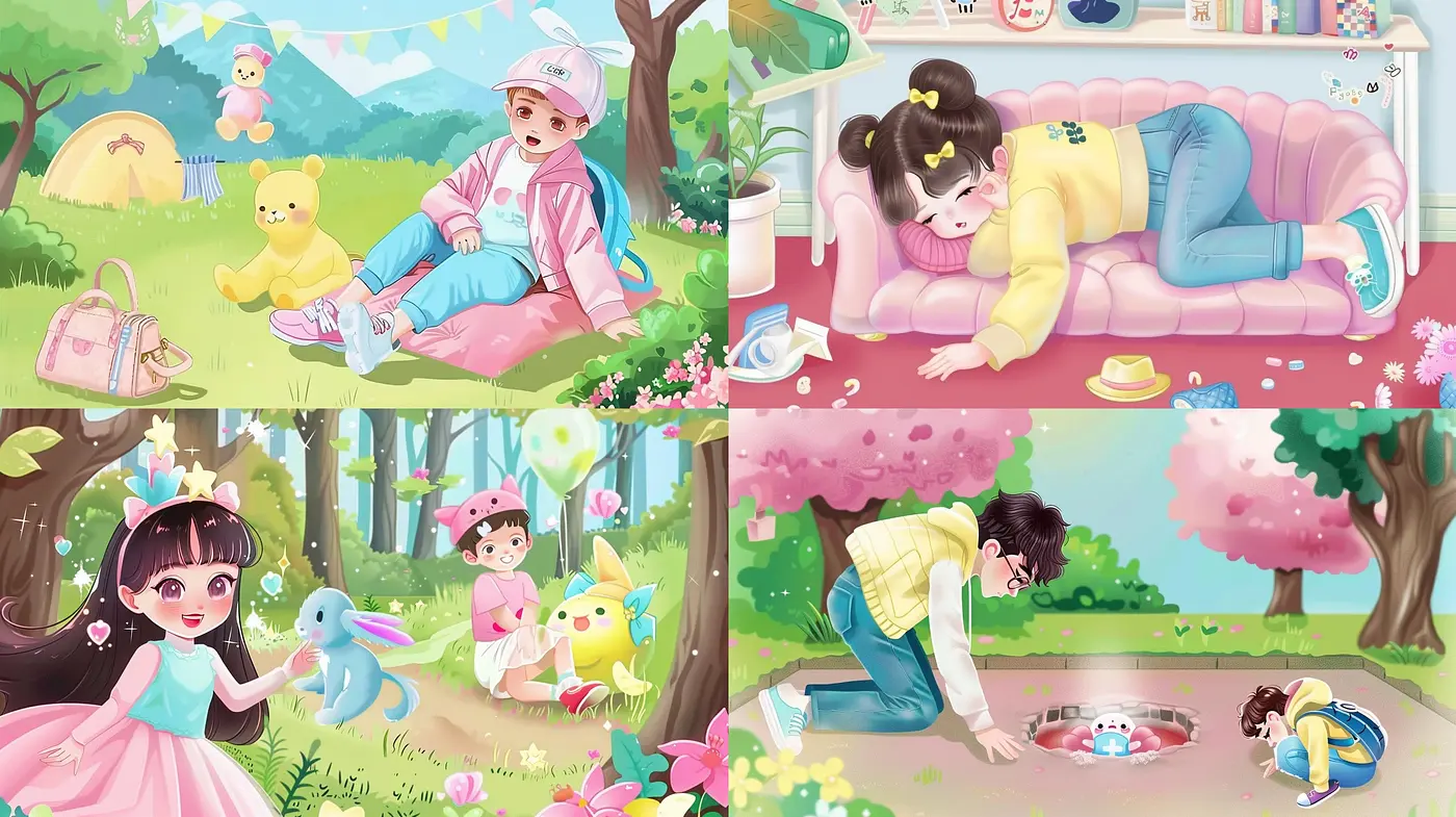 Whimsical Pastel Dreamscape: A Consistent Artistic Vision Across Four Scenes - Midjourney sref style