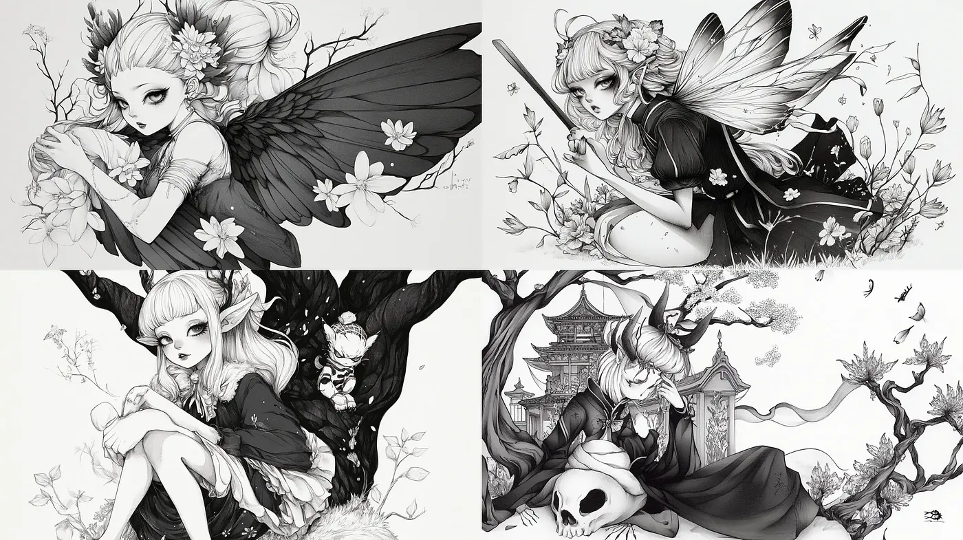 Monochromatic Enchantment: Ethereal Fairy Tales in Greyscale - Midjourney sref style