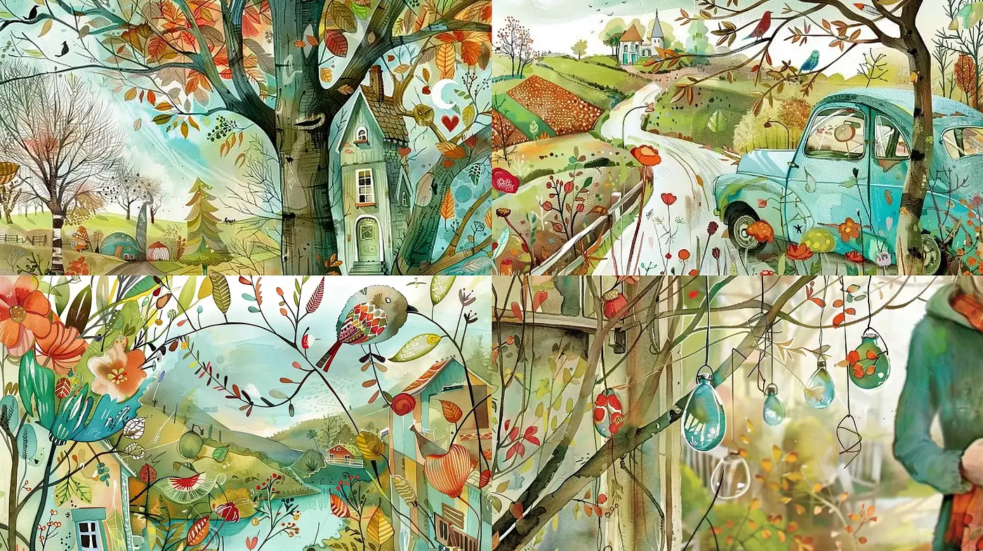 Whimsical Pastoral Imagery with a Modern Storybook Aesthetic - Midjourney sref style