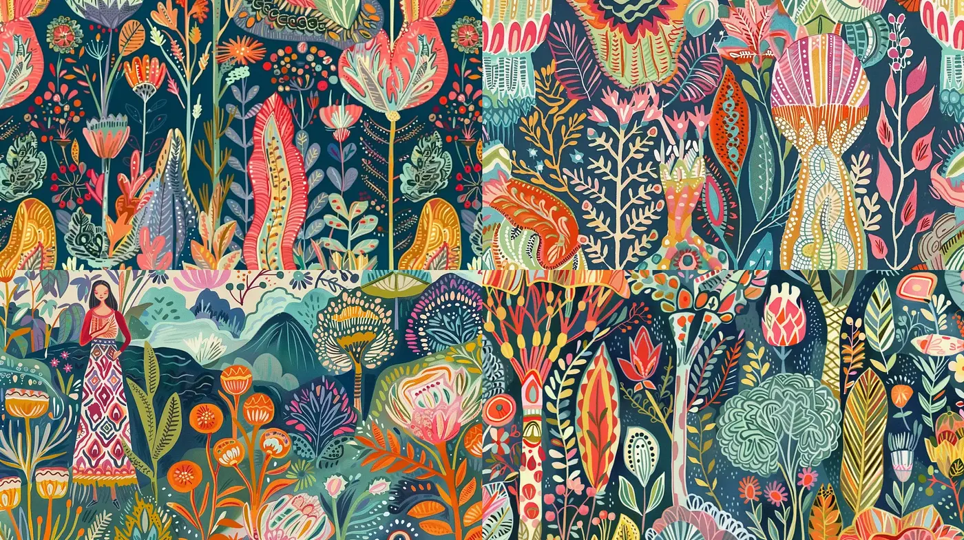 Whimsical Botanical Tapestry: A Fusion of Florals and Patterns Emanating a Timeless Reverie - Midjourney sref style