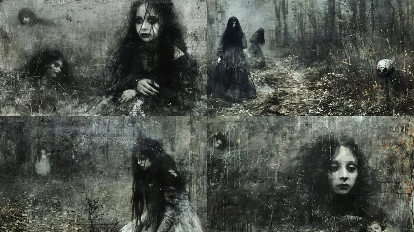 Ethereal Shrouds: A Fusion of Misty Narratives and Monochromatic Mystery - Midjourney sref style