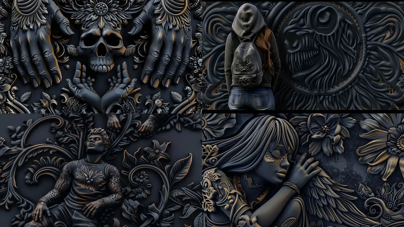 Intricate dark-themed artwork with ornamental and gothic elements - Midjourney sref style
