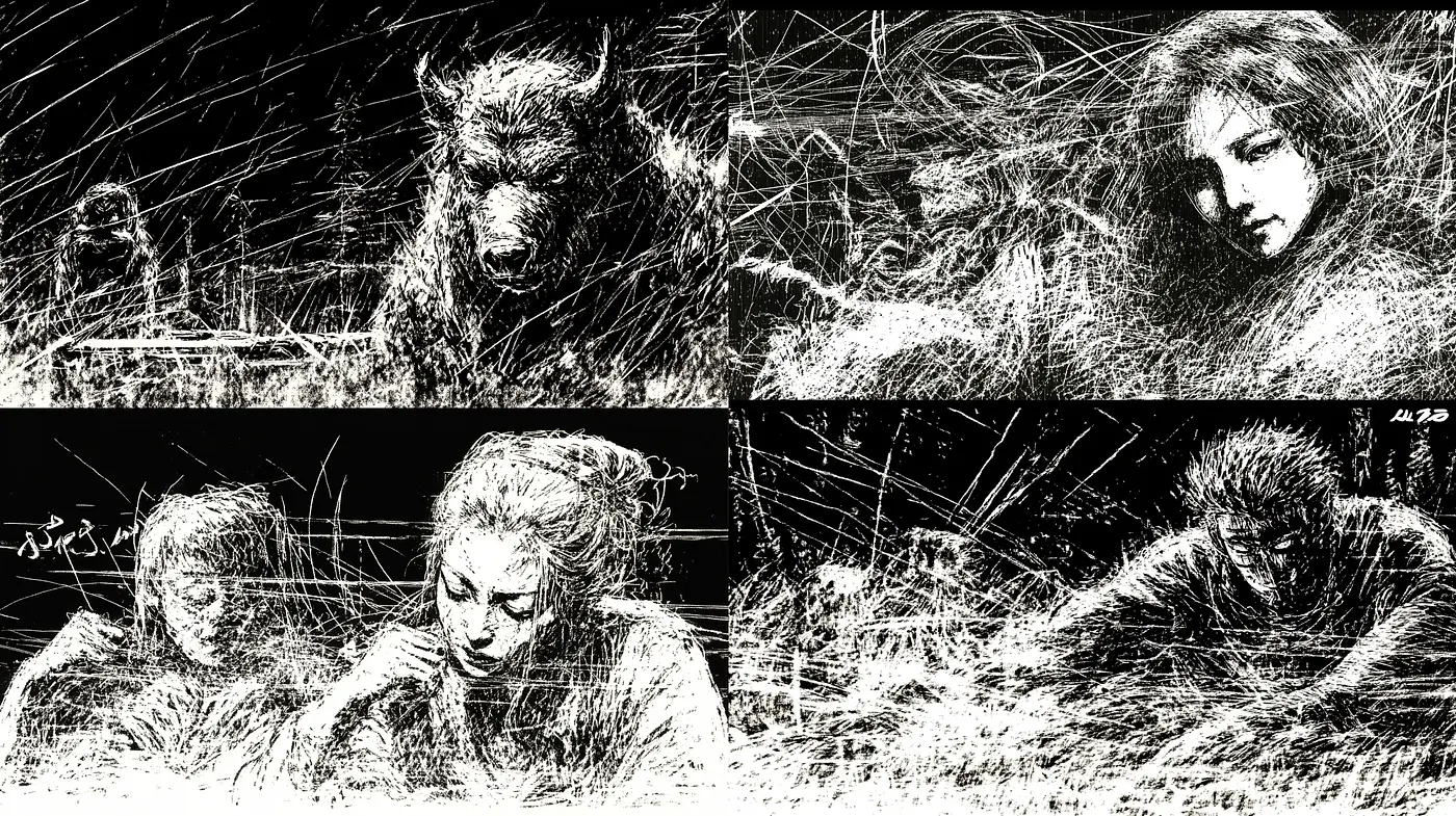 Dynamic Sketch-like Intensity with Expressive Contrast - Midjourney sref style