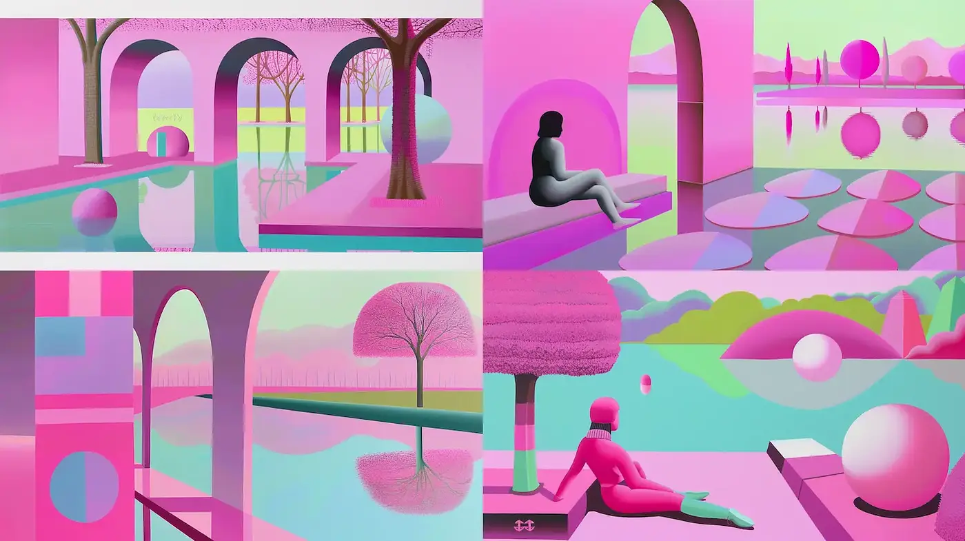 Stylized Surrealist Landscape with Vivid Color and Geometric Forms - Midjourney sref style