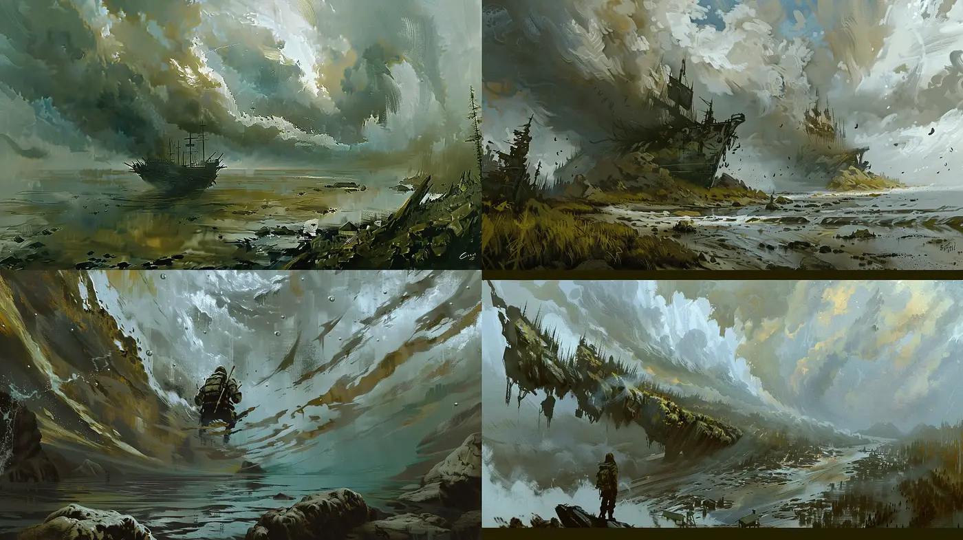 Ephemeral Stormscapes - An Exploration of Turbulent Skies and Unsettled Land - Midjourney sref style