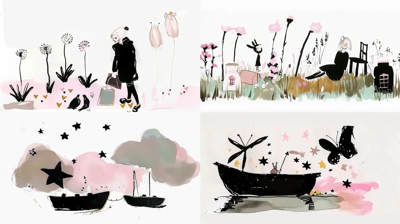 Playful and whimsical illustration with a dreamy quality - Midjourney sref style
