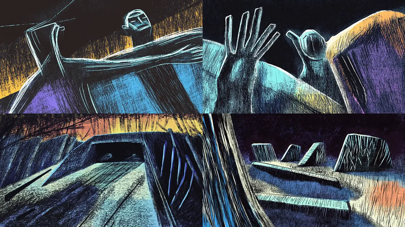 Expressive Contour Lines and Bold Color Contrasts in Textured Illustration - Midjourney sref style