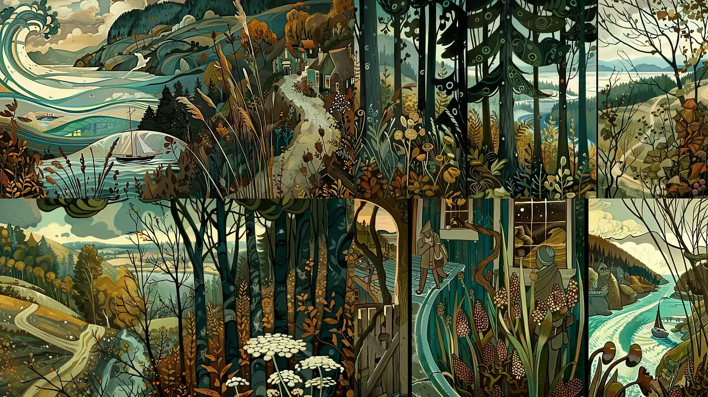 Serene Nature-Inspired Narrative Tableaus - Midjourney sref style
